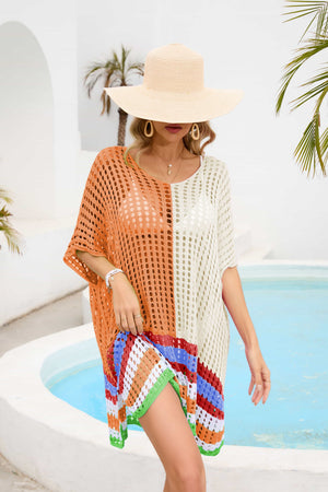 Meshed edge scoop neck half sleeve cover-up in orange and cream with striped hem