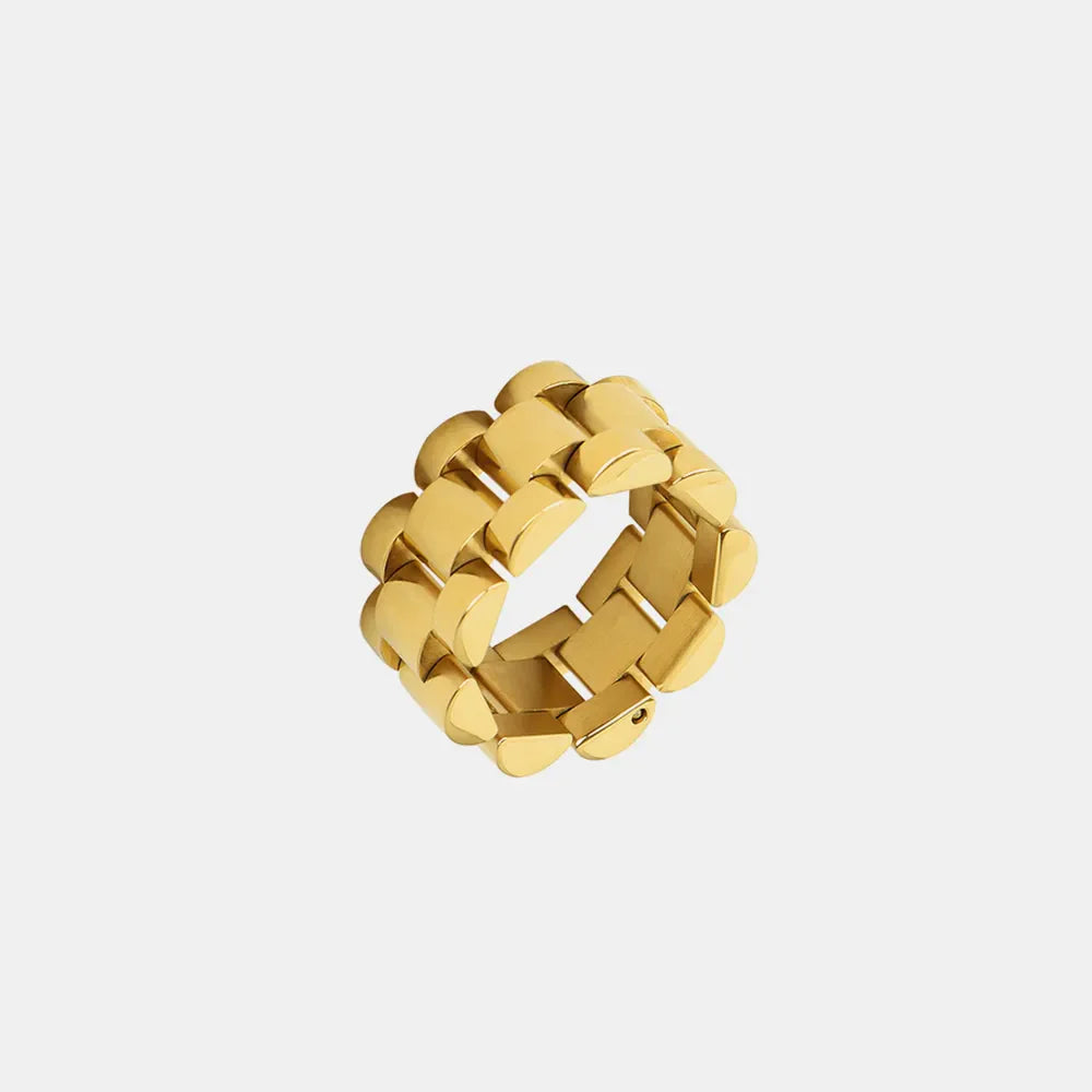 Gold watch link statement ring with adjustable band