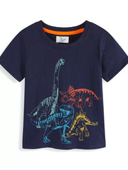 Navy cotton crew neck t-shirt with embroidered dinosaur graphic for toddlers.