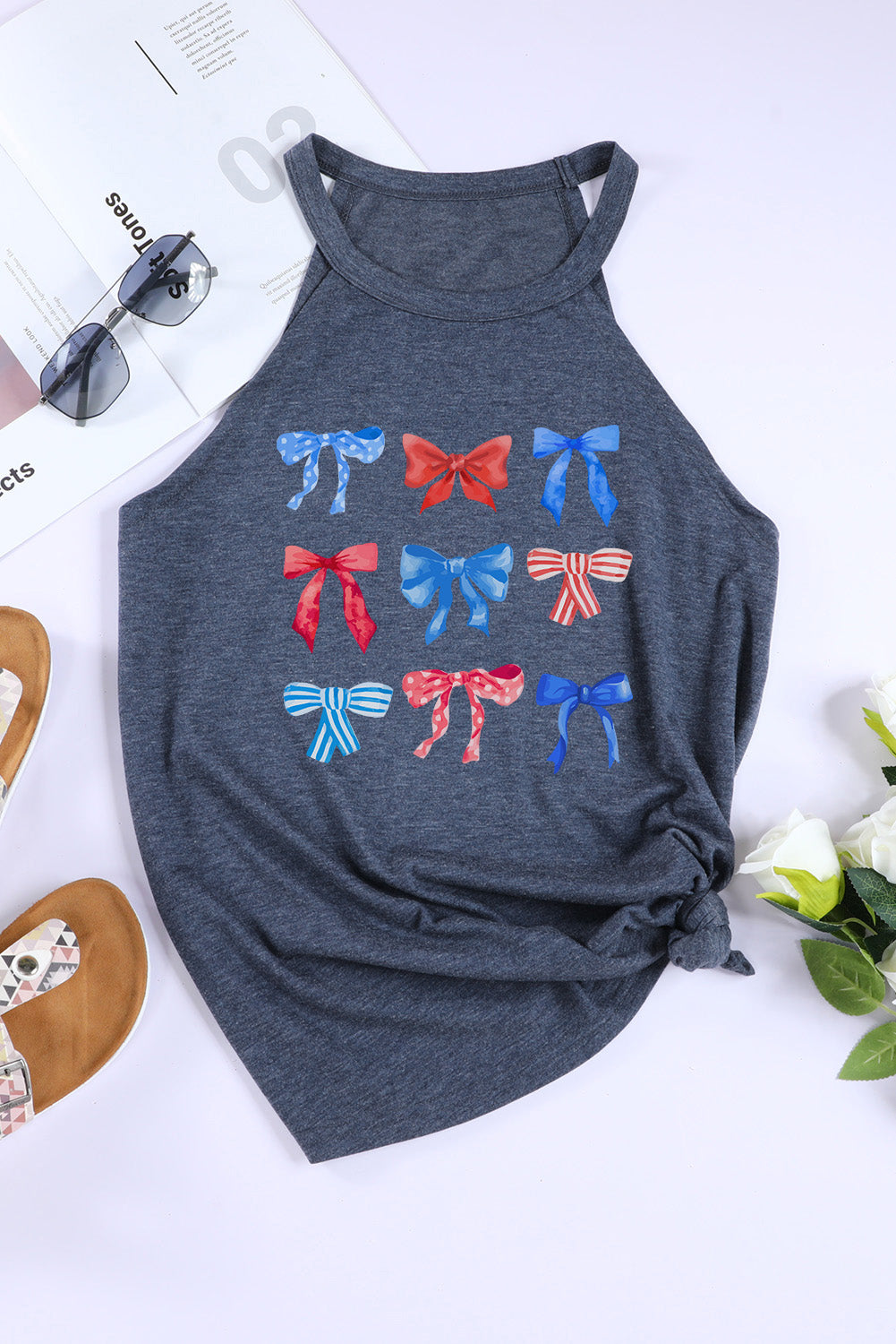 Dark Navy halter tank top with patriotic bow print and knotted side detail.