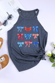Dark Navy halter tank top with patriotic bow print and knotted side detail.