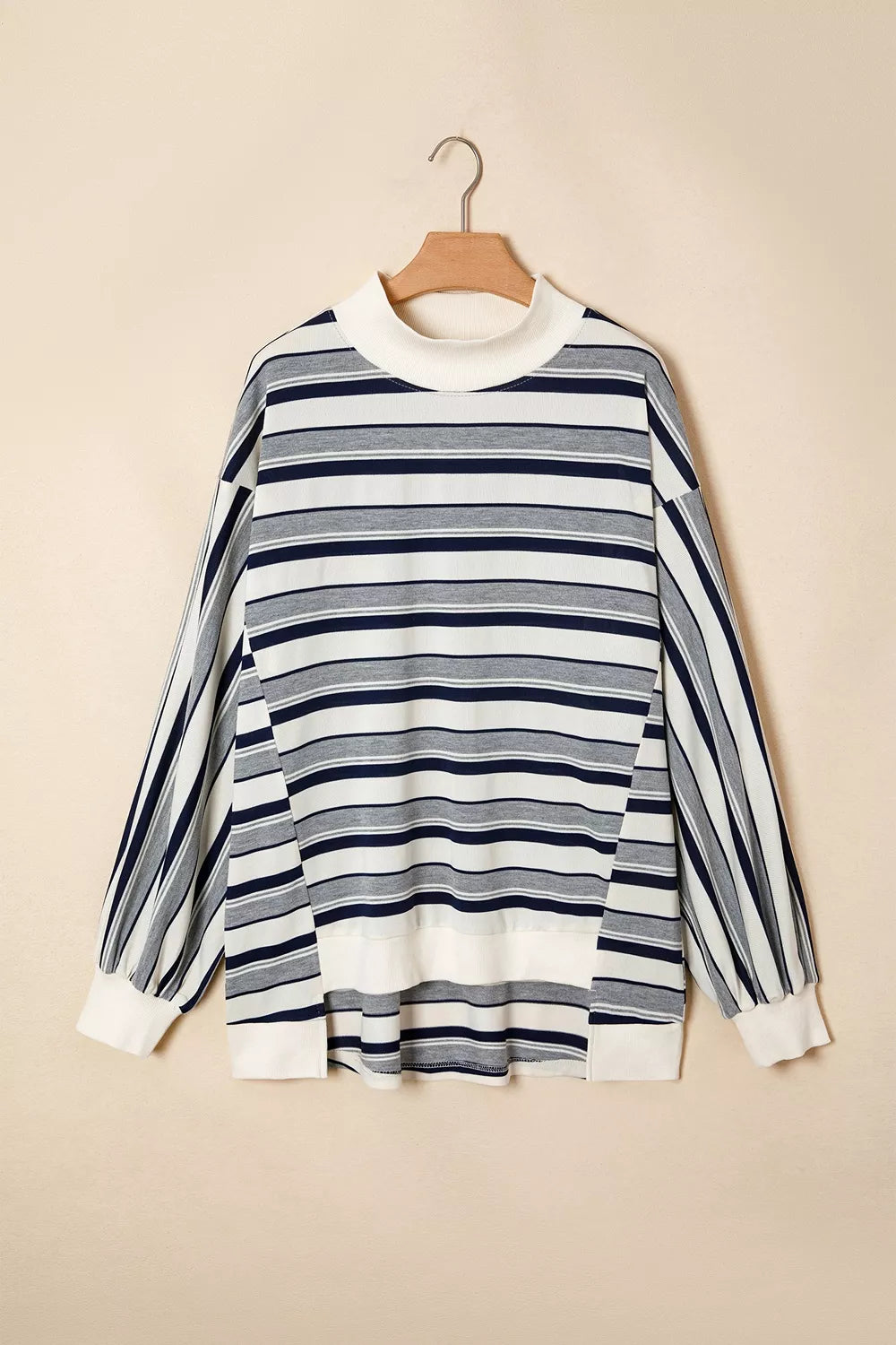 Striped Ribbed Stand Neck Sweatshirt in Stripe, close-up detail