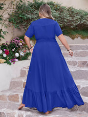 Blue V-neck maxi dress with short sleeves, smocked waist, and ruffled hem.