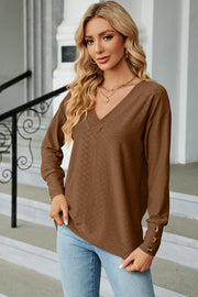 Mocha diamond-textured V-neck blouse with button cuffs