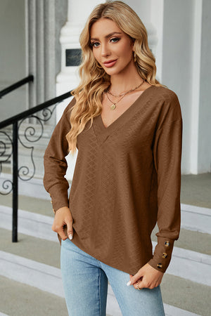 Mocha diamond-textured V-neck blouse with button cuffs