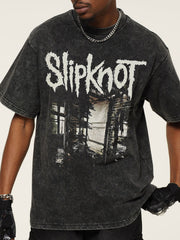 Men's dark gray distressed graphic t-shirt with crew neck and short sleeves.