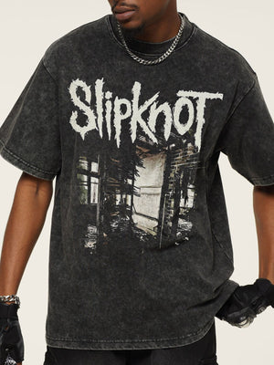 Men's dark gray distressed graphic t-shirt with crew neck and short sleeves.