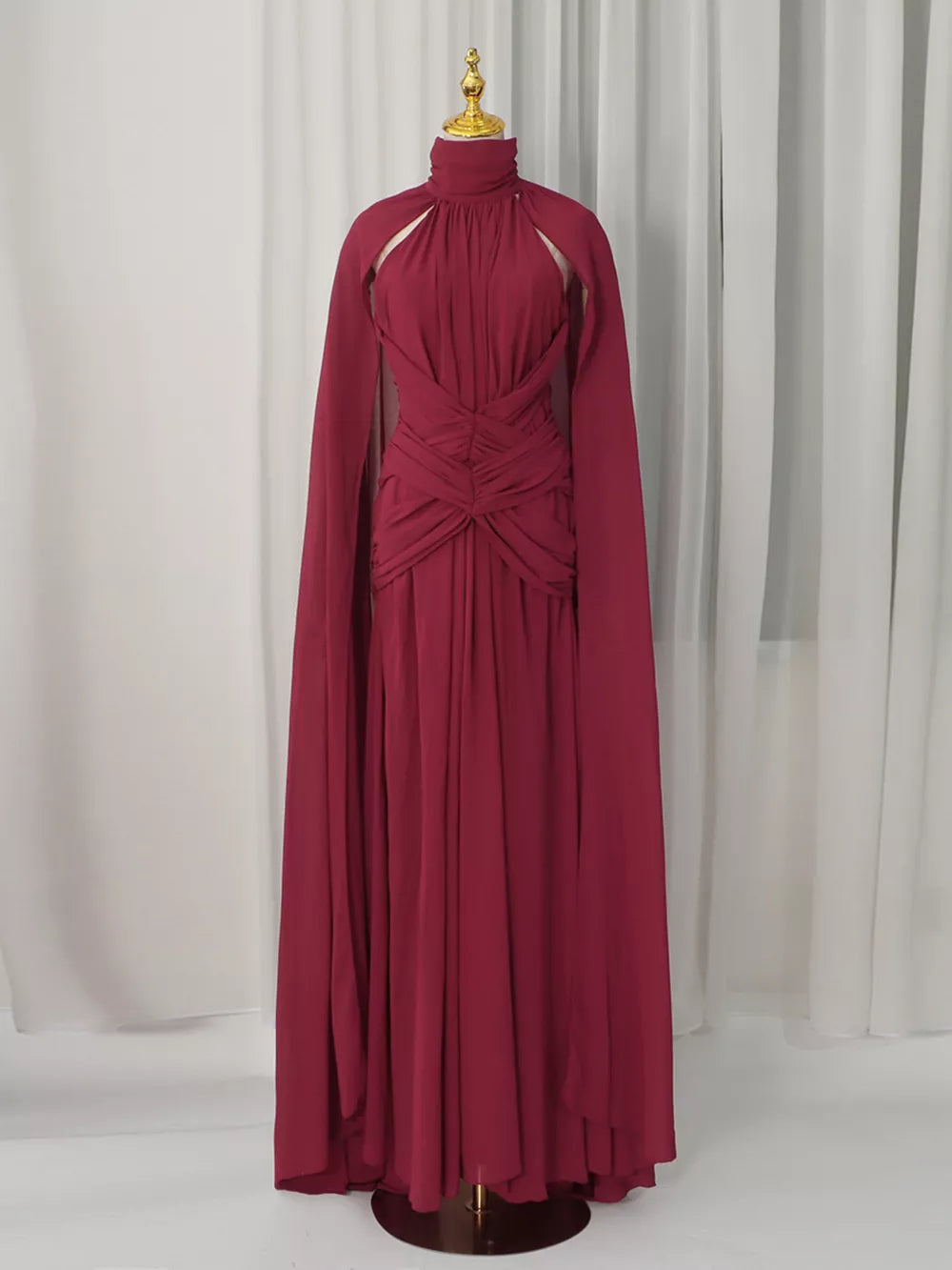 Ruched Halter Neck Cape Maxi Dress in Red, close-up detail