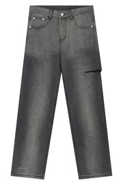 Faded dark wash denim jeans with a distressed knee detail and a relaxed fit.