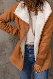 Caramel suede-effect jacket with white sherpa collar and cuffs, open front.