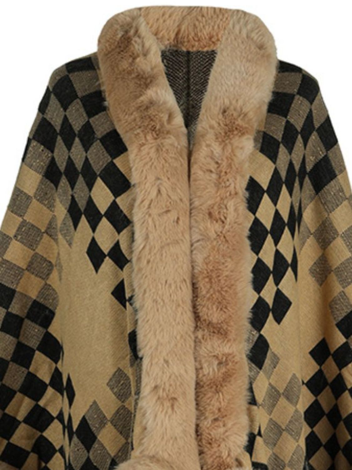 Checkered cape in tan and black with plush faux fur trim and collar detail.