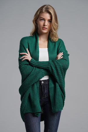 Dark Green Cocoon Knit Sleeve Cardigan with textured sleeves and open front.