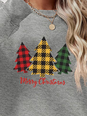 Plaid tree graphic crewneck sweatshirt in gray with Merry Christmas text.