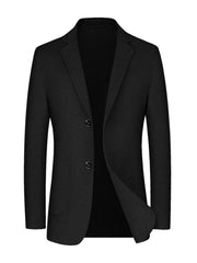Men's black wool classic fit sport jacket with two buttons and flap pockets.