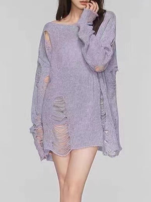 Lilac ripped knit oversized beach pullover sweater with boat neck and long sleeves.