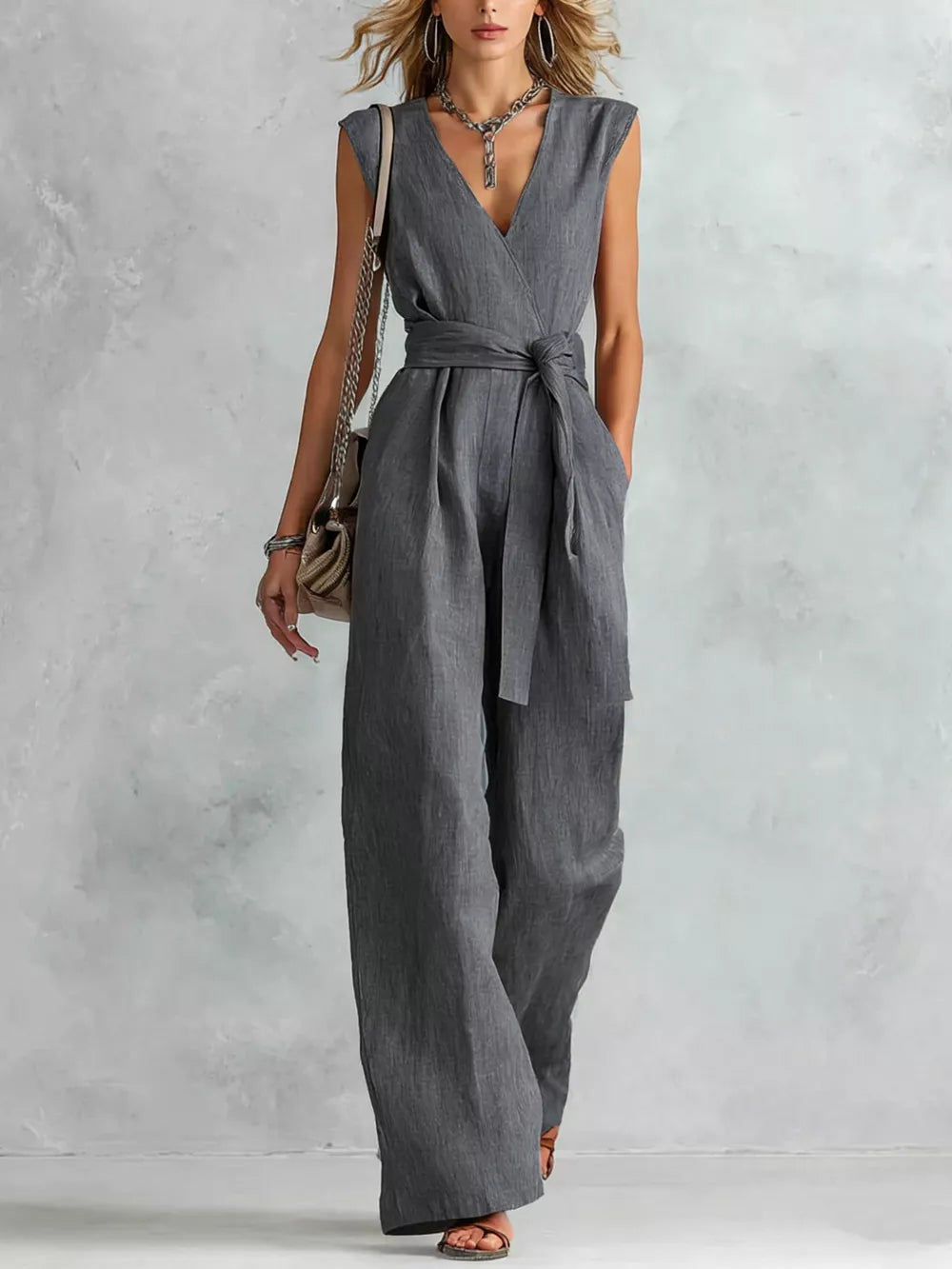 Sleeveless Wide Leg Jumpsuit, fabric detail