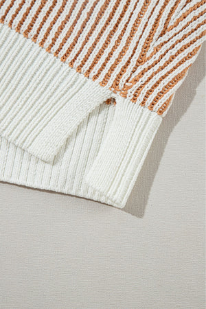 Vertical stripe knit sweater with camel and white stripes and side slits.