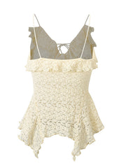 Beige lace cami top with ruffle trim and tie-back detail, asymmetrical hem