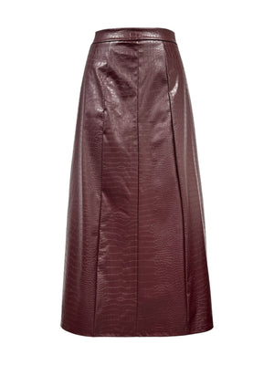 Burgundy croc-effect A-line midi skirt with a pleated detail.