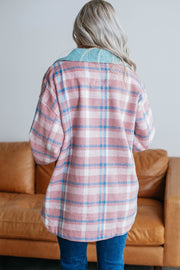 Pastel plaid shacket in dusty pink with contrast blue collar and button front.