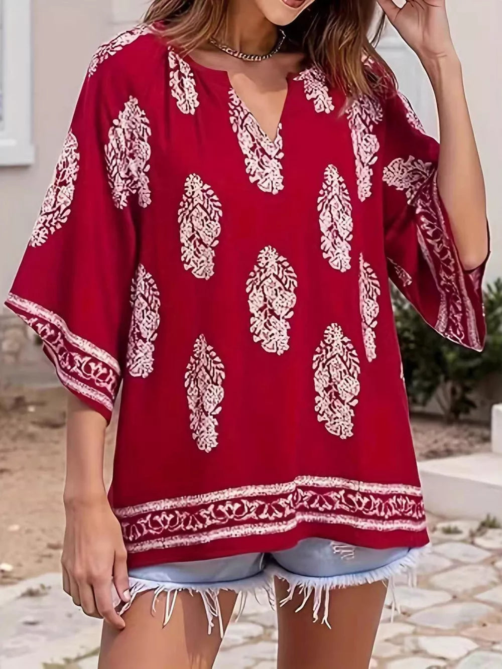 Printed Notched 3/4 Sleeve Blouse in Red, fabric detail