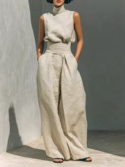 Sleeveless Wide-leg Jumpsuit With Smocked Waist in Apricot, front view