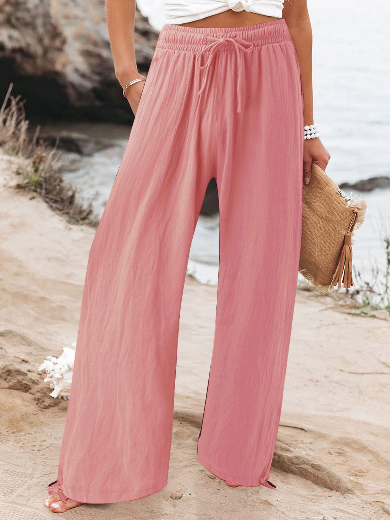 Full Size Drawstring Wide Leg Pants Plus Size in Fuchsia, view 15