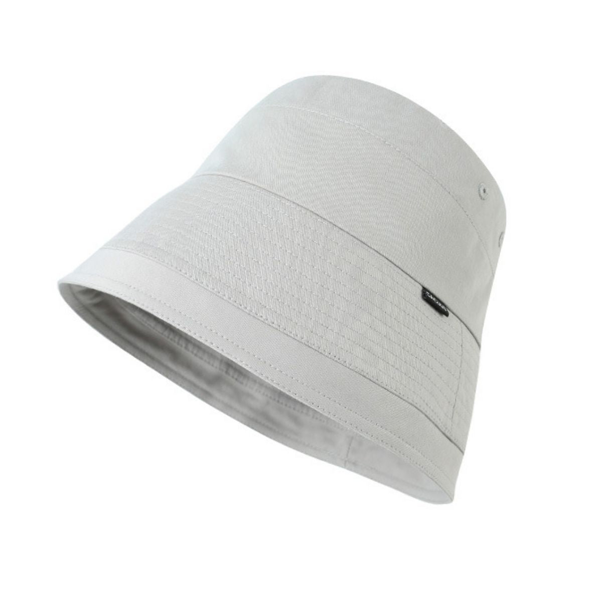 Grey cotton bucket hat with wide brim and textured band detail.