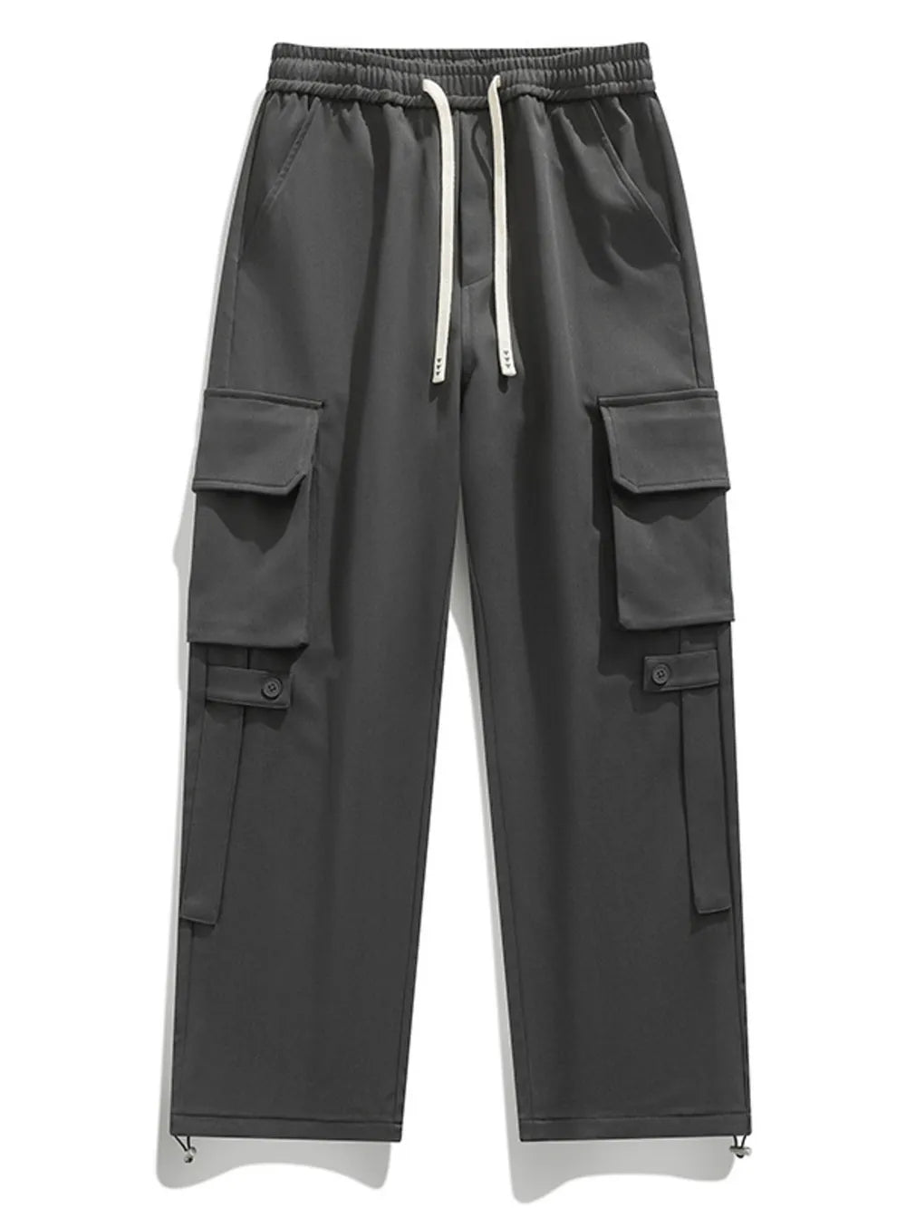 Grey cargo pants with drawstring waist and multiple button-flap pockets.
