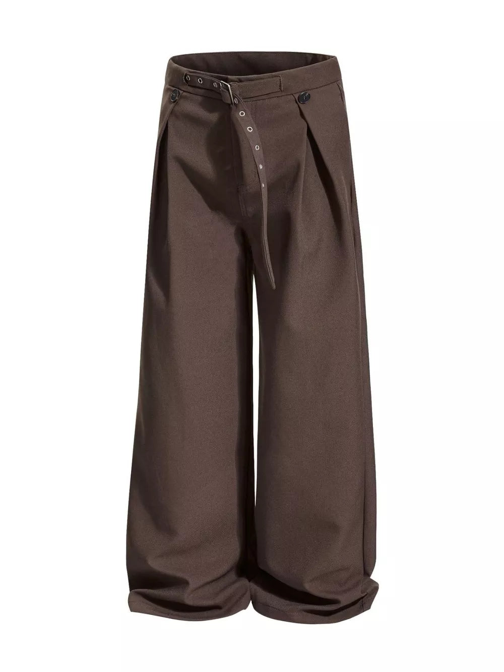 Brown wide-leg sweatpants with adjustable belt and button closure.