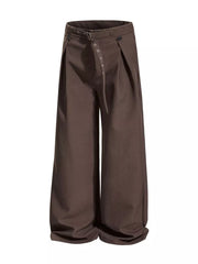 Brown wide-leg sweatpants with adjustable belt and button closure.