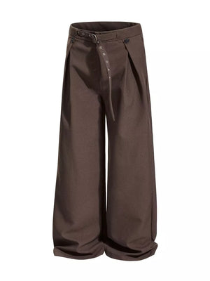 Brown wide-leg sweatpants with adjustable belt and button closure.