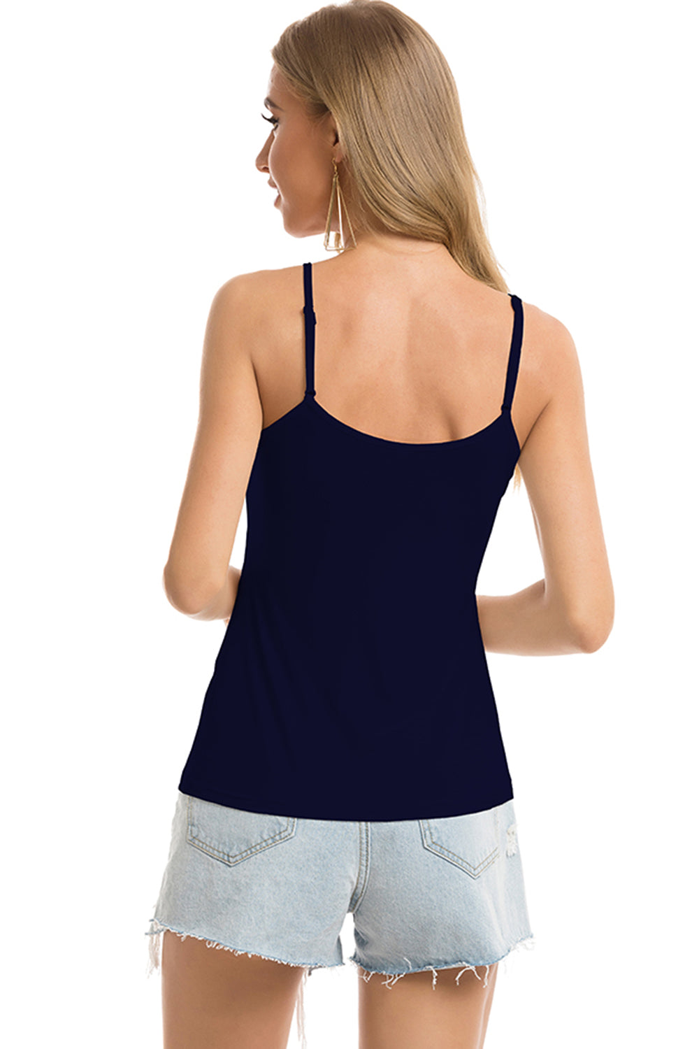 Dark blue scoop neck cami with adjustable straps, basic casual style.