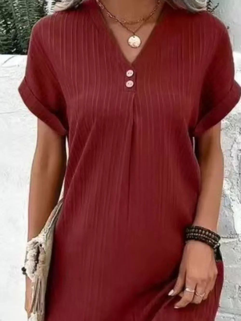 Full Size Casual V-neck Short Sleeve Dress in Silver, view 16