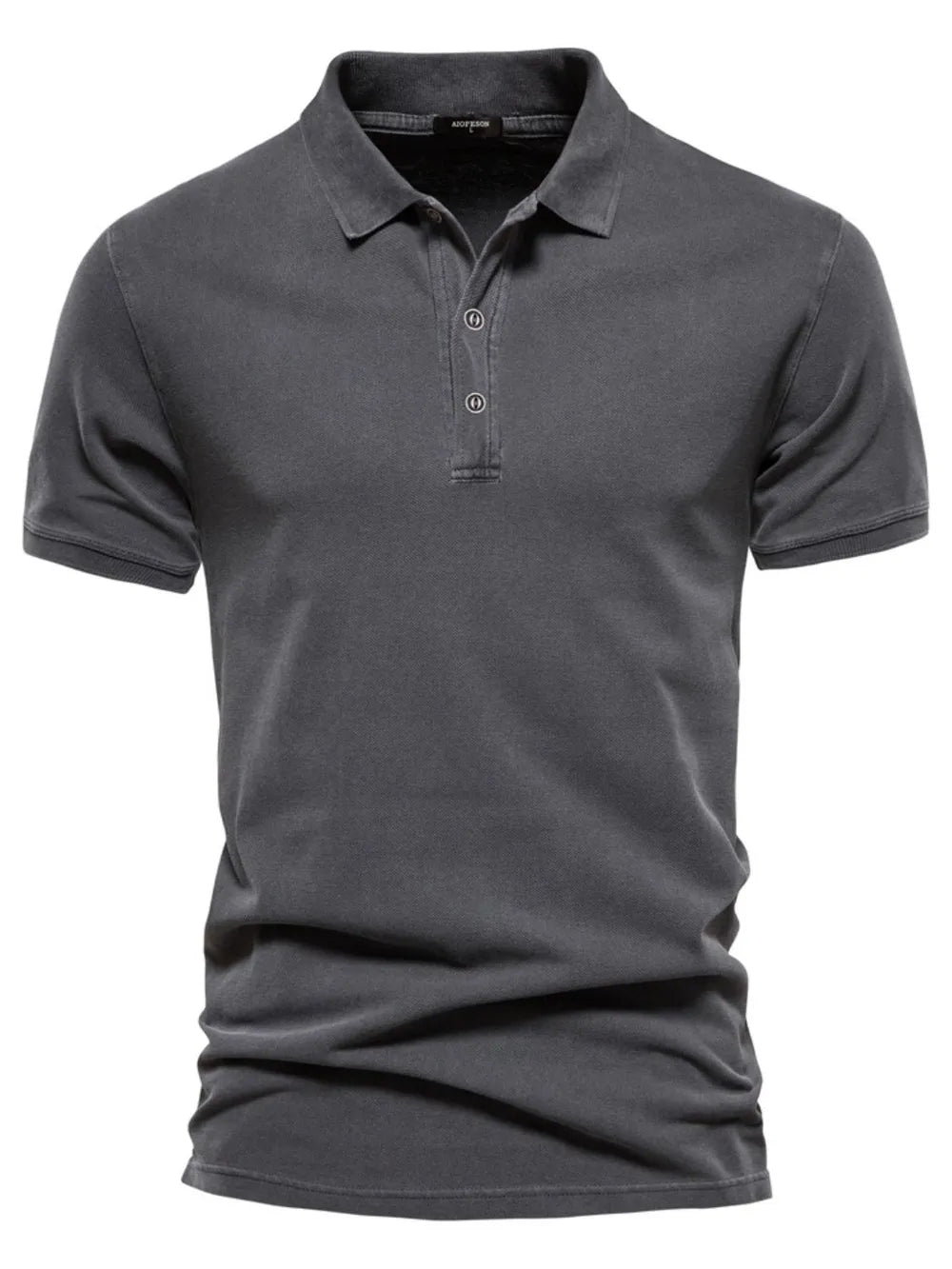 Dark Gray textured polo shirt with short sleeves and buttoned placket.