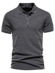 Dark Gray textured polo shirt with short sleeves and buttoned placket.