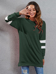Dark green polyester sweatshirt dress with white varsity stripes on sleeves.