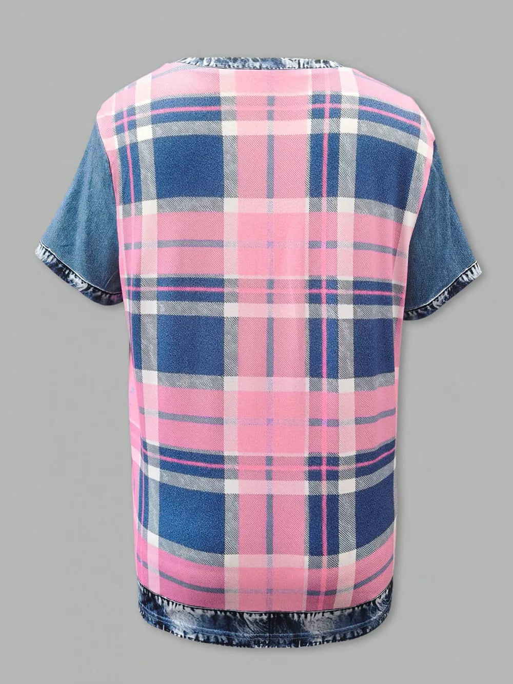 Contemporary denim patchwork blouse with pink, blue, and white plaid and distressed denim details.