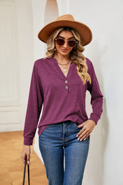 Henley-inspired long sleeve top in Red-Violet with button detail and V-neck