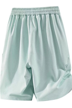 Relaxed fit sage chino shorts with drawstring waist and pockets.