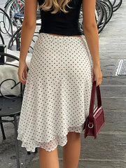 Polka Dot Ruched Waist Midi Skirt in White, close-up detail