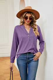 Henley-inspired long sleeve top in heathered purple with button detail and V-neck