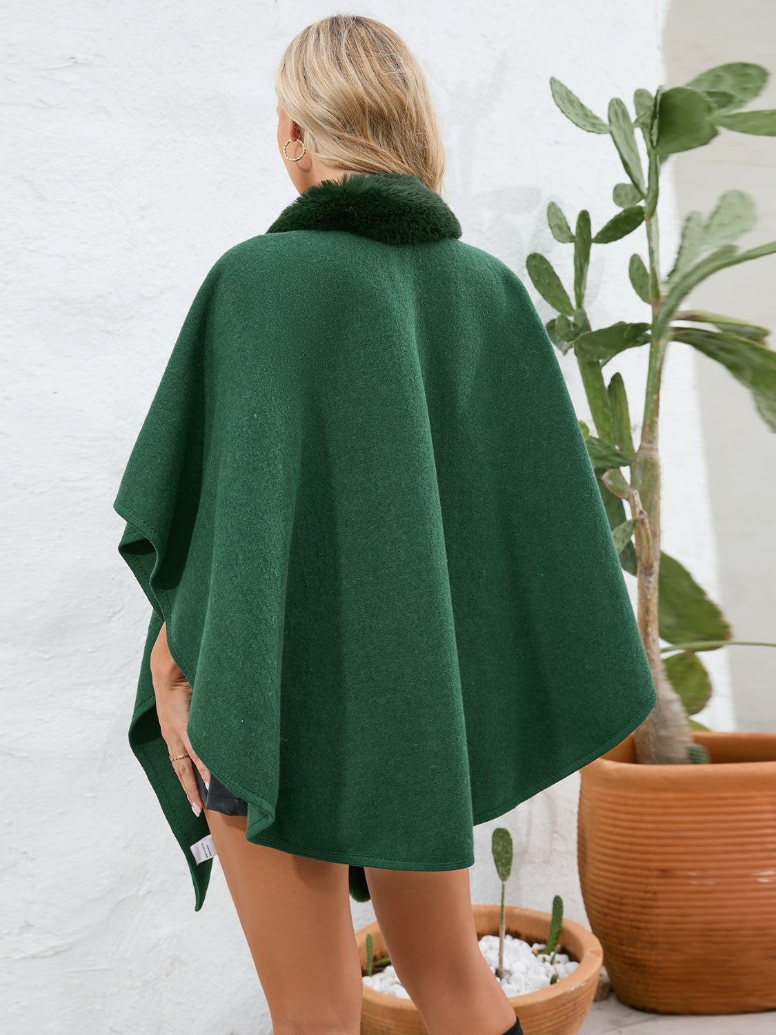 Dark green faux fur collar wrap poncho with a soft texture.