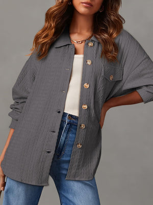 Dark Gray textured oversized button-down shacket with buttoned pockets and collar.
