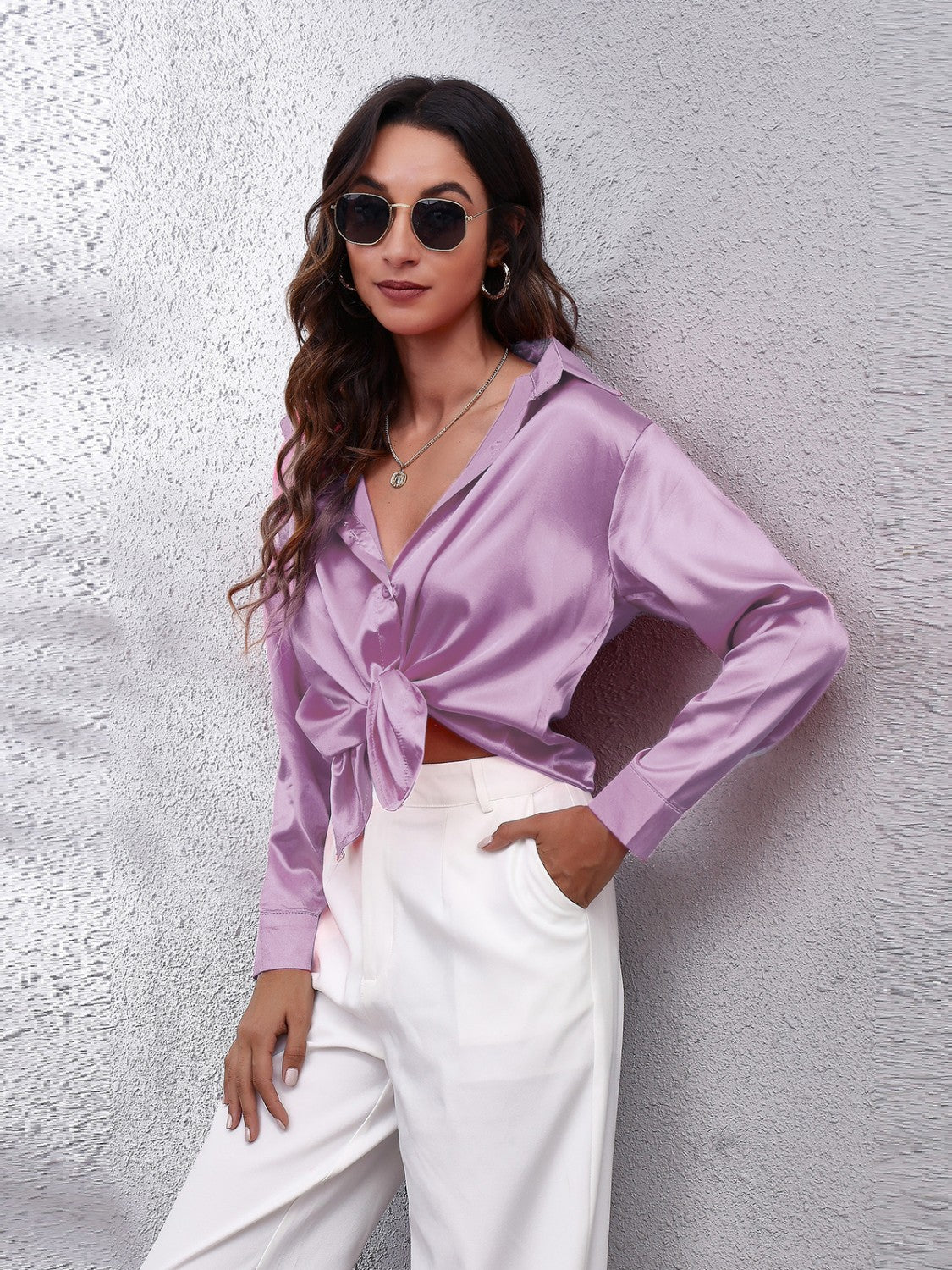 Lilac satin button-up shirt with knot detail and effortless drape.