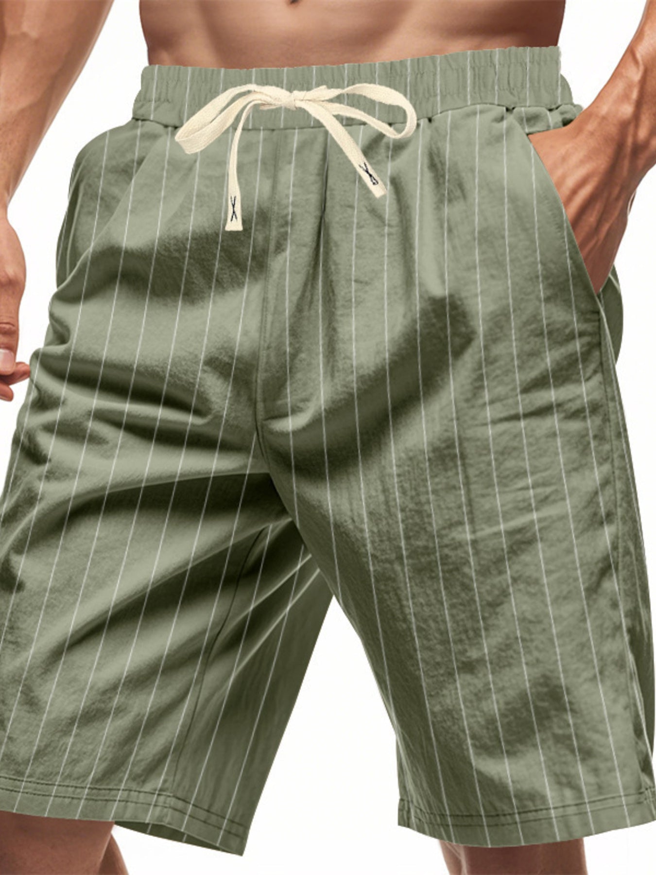 Men's Army Green striped drawstring chino shorts with pockets.