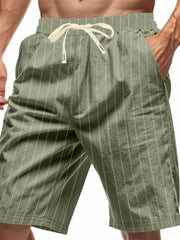 Men's Army Green striped drawstring chino shorts with pockets.