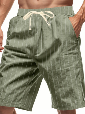 Men's Army Green striped drawstring chino shorts with pockets.