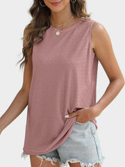 Textured sleeveless shell top in dusty pink with a geometric pattern.