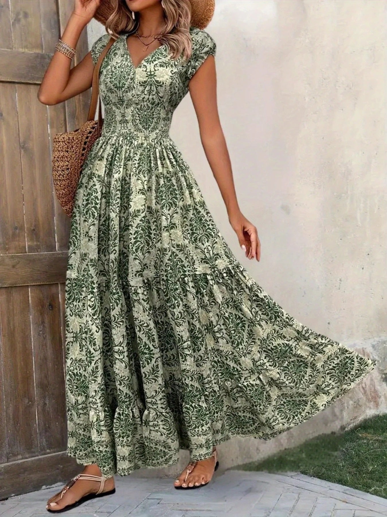 Green Flower Damask Print Cap Sleeve Maxi Dress with smocked waist and tiered skirt.
